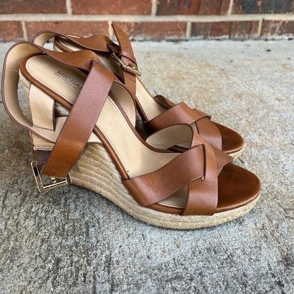 MICHAEL Michael Kors Women’s Brown Leather Open Toe Espadrille Wedge Heels - Picture 7 of 14